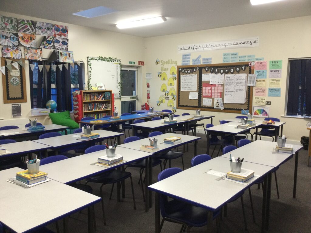 School classroom desks with stationary on them and display boards in the background.